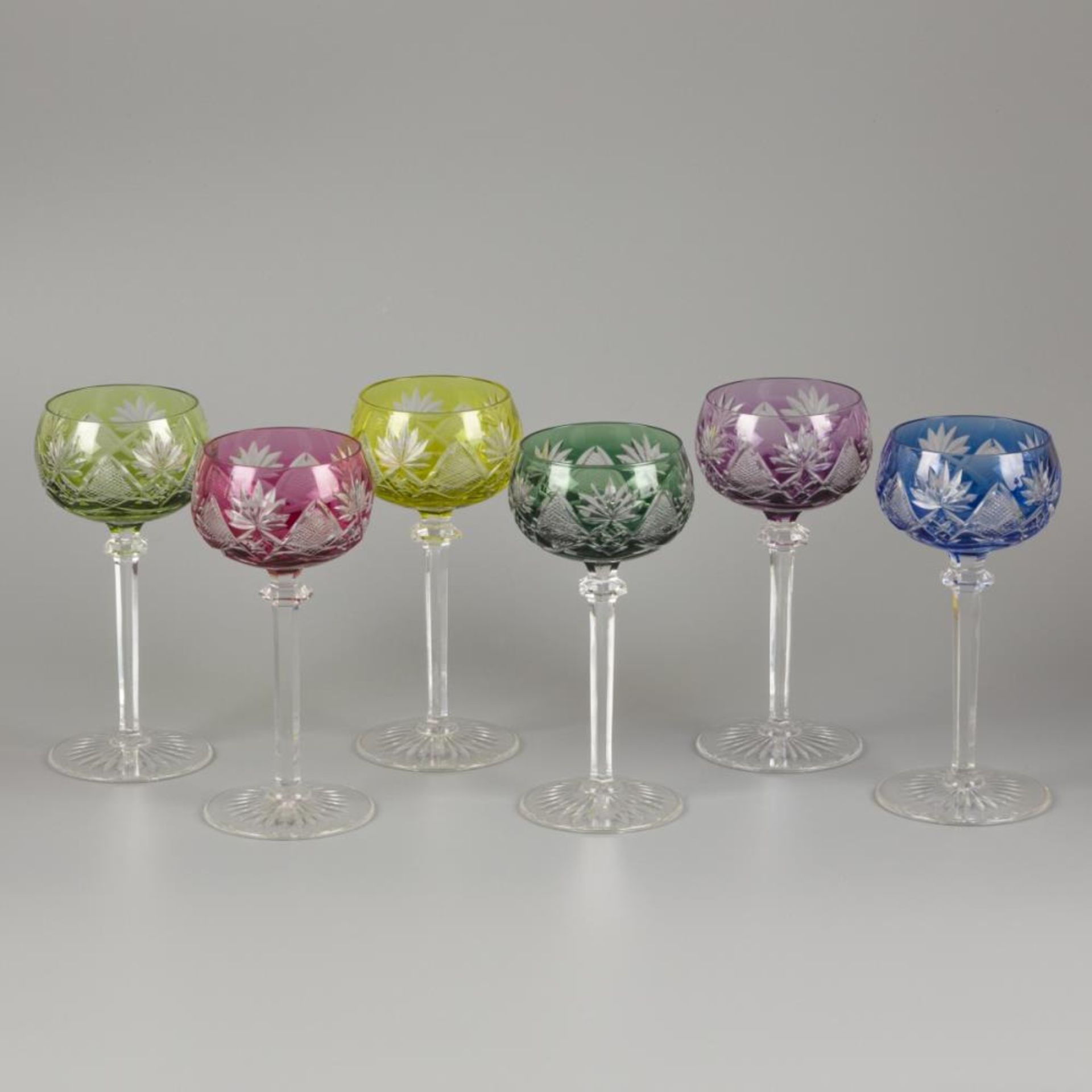 A set of (6) coloured crystal Val Saint Lambert wine roemers, Belgium, 1st half 20th century.