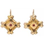 14K. Yellow gold antique earrings set with rhinestones.