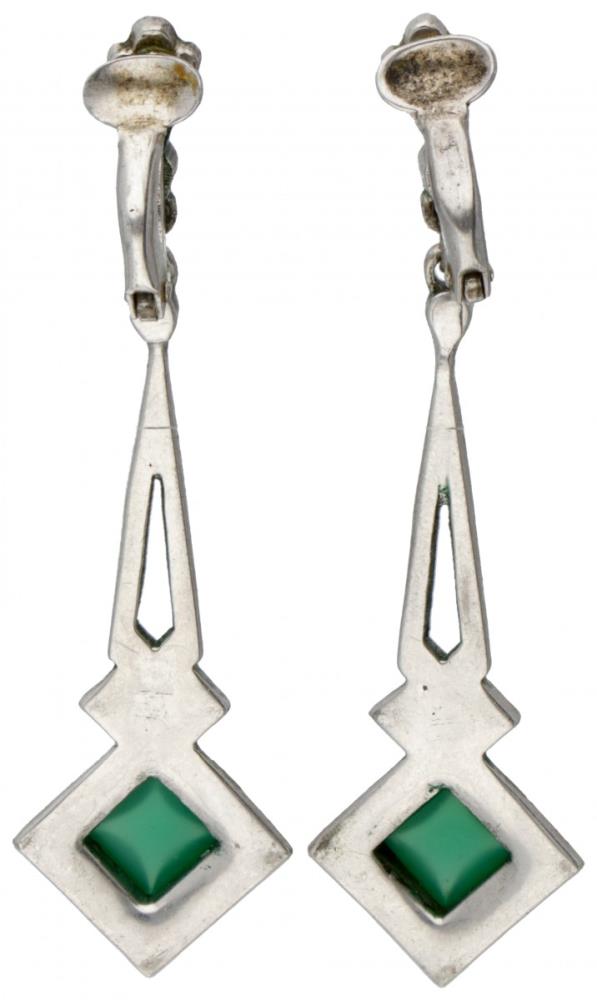 Silver Art Deco clip earrings set with marcasite and chrysoprase - 835/1000. - Image 2 of 2