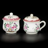 A set of (2) porcelain famille rose soup cups with handle and lid, China, 18th century.