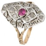 14K. Yellow gold and 835/1000 silver antique ring set with diamond and synthetic ruby.