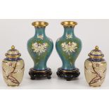 A lot comprising (4) cloisonne vases (2 x 2) a.w. (2) lidded vases with decor of apple blossom.