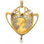 14K. Yellow gold Art Nouveau plique-à-jour enamel pendant set with diamond, ruby and seed pearls.
