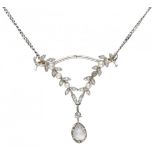 18K. White gold necklace with antique Pt 950 platinum pendant set with diamond and seed pearl.