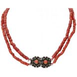 Two-row red coral necklace with an 835/1000 silver closure.