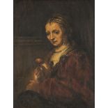Naar Rembrandt van Rijn (Leiden 1606 - 1669 Amsterdam), Portrait of a lady with a pink.