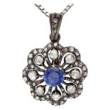 14K. White gold necklace and silver/gold flower-shaped pendant set with approx. 0.85 ct. synthetic s