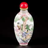 An enamel snuff bottle decorated with figures in a landscape, China, 1st half 20th century.