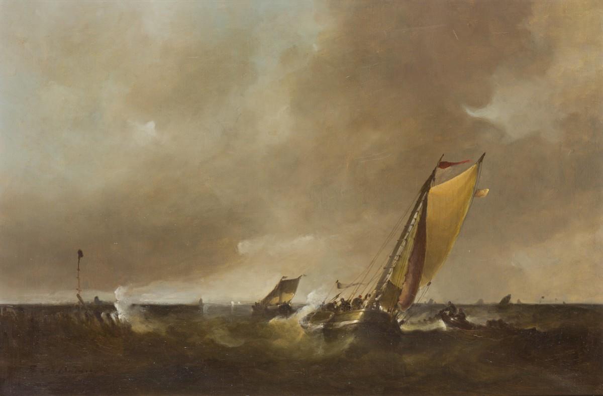 Frans J. van der Heide (Schiedam 1936 - ?), Shipping on a rough.