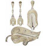 Set of silver Theodor Farhner Art Deco earrings, pendant, brooch set with pearl and marcasite - 925/