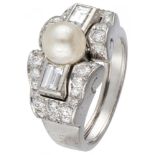 Pt 900 Platinum Art Deco tank ring set with approx. 1.06 ct. diamond and a freshwater pearl.