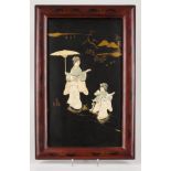 A lacquer panel with scene in bone and mother-of-pearl, Japan, 20th century.