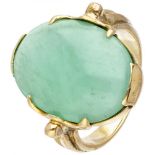 14K. Yellow gold oval cocktail ring set with approx. 16.55 ct. jade.