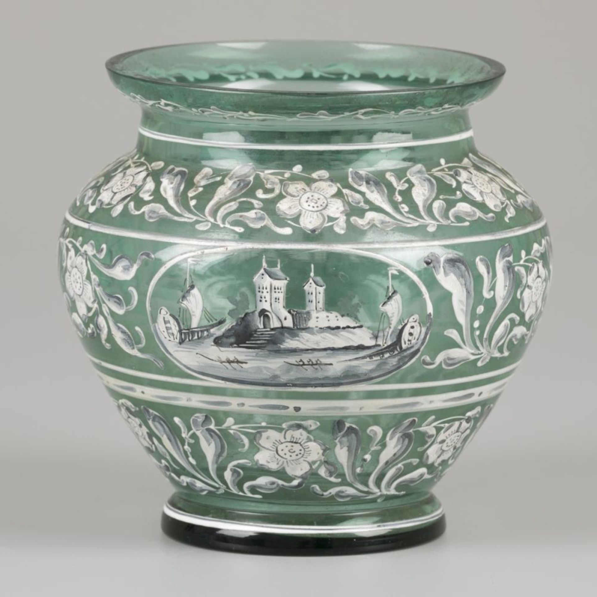 A glass vase with enamelled motif, Italy, 19th century.