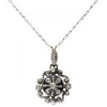 Antique 14K. white gold necklace and pendant set with diamond and Bristol glass.