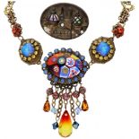Set of vintage 'Marena & Eros Jewelry' brooch and a necklace set with colorful stones.