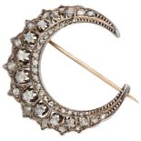 14K. Yellow gold with 925/1000 silver antique 'honeymoon' brooch set with rose cut diamond.