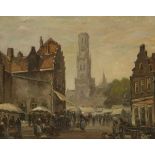 Gerard Wiegman (Rotterdam 1875 - 1994 Schiedam) - A market in a town square with the Belfry of Bruge
