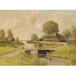 Jan Schaeffer (Rotterdam 1923 - 2018), A river landscape with farmhouses.