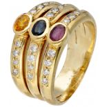 18K. Yellow gold ring set with approx. 0.24 ct. diamond, sapphire, ruby and citrine.