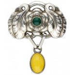 Silver Georg Jensen brooch of the year 2008, set with yellow and green agate - 925/1000.