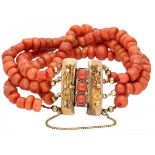 Four-row red coral bracelet with a 14K. rose gold closure.