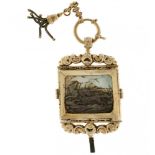 Golden pocket watch pendant with key, Mother of Pearl decoration