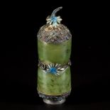 A spinach-jade and silver snuff bottle, China, 19th century.