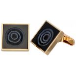 14K. Yellow gold vintage Hans Hansen cufflinks set with carved onyx.