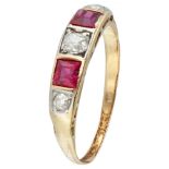 14K. Yellow gold ring set with approx. 0.25 ct. diamond and approx. 0.58 ct. synthetic ruby.