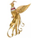 14K. Yellow gold vintage peacock brooch set with approx. 0.21 ct. diamond and synthetic ruby.