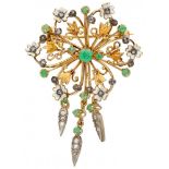 19.2K. Yellow gold Portuguese brooch/pendant set with approx. 1.07 ct. emerald, diamond and enamel.