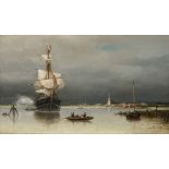 Nicolaas Riegen (Amsterdam 1827 - 1889), A frigat at anchor off the Dutch coast.