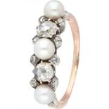 18K. Rose gold and 925/1000 silver ring set with rose cut diamond and pearl.