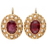 14K. Rose gold earrings set with seed pearls and garnet-topped doublets.