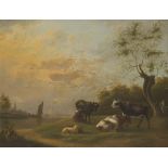 School of Dordrecht, 19th. C.. A cowherd with cattle on a riverbank.