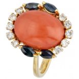 14K. Yellow gold vintage ring set with approx. 5.69 ct. red coral, approx. 0.40 ct. diamond and natu