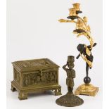 A lot comprising an Empire-style candelabra, a copper box and a ZAMAC candelabra.