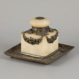 An alabaster inkwell with glass insert, France, late 19th century.