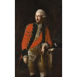 German School, 18th C. Portrait of an officer three-quarters length in red frac and wig, leaning on