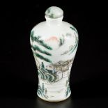 A porcelain famille vert meipin model snuff bottle with landscape decoration, China, 19th century.