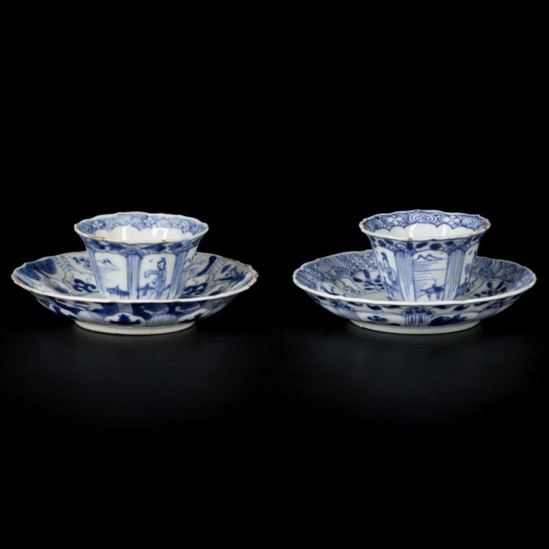 A lot comprised of (2) porcelain cups and saucers with decor of Long Eliza, China, Kangxi.