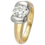 18K. Yellow gold solitaire ring set with approx. 1.40 ct. diamond in a Pt 950 platinum setting.