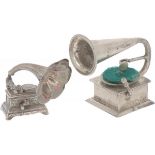 (2) piece lot miniature gramophones silver.