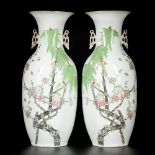 A set of (2) porcelain Qianjiang Cai vases with decor of birds on blossom branches, China, 19th/20th