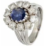 Pt. 850 Platinum entourage ring set with approx. 0.91 ct. natural sapphire and approx. 1.60 ct. diam