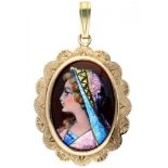 Pendant with portrait in Email d'Art in a richly engraved 14K. yellow gold frame.