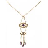 14K. Yellow gold antique necklace and pendant with cantille work and set with natural amethyst.