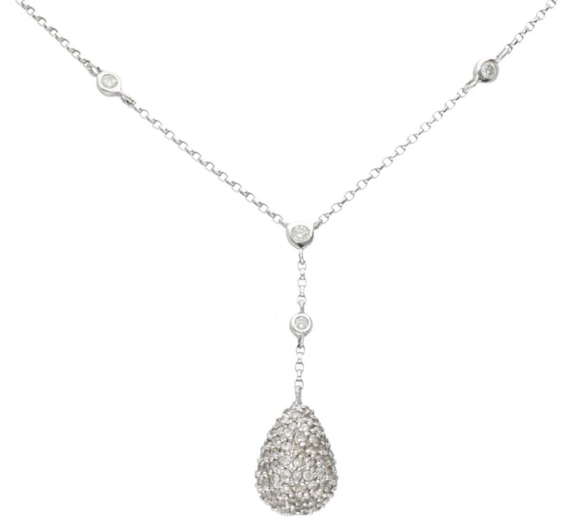 18K. White gold necklace with a teardrop-shaped pendant and set with approx. 0.83 ct. diamond.