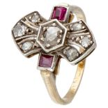 18K. Yellow gold openwork ring set with diamond and ruby.